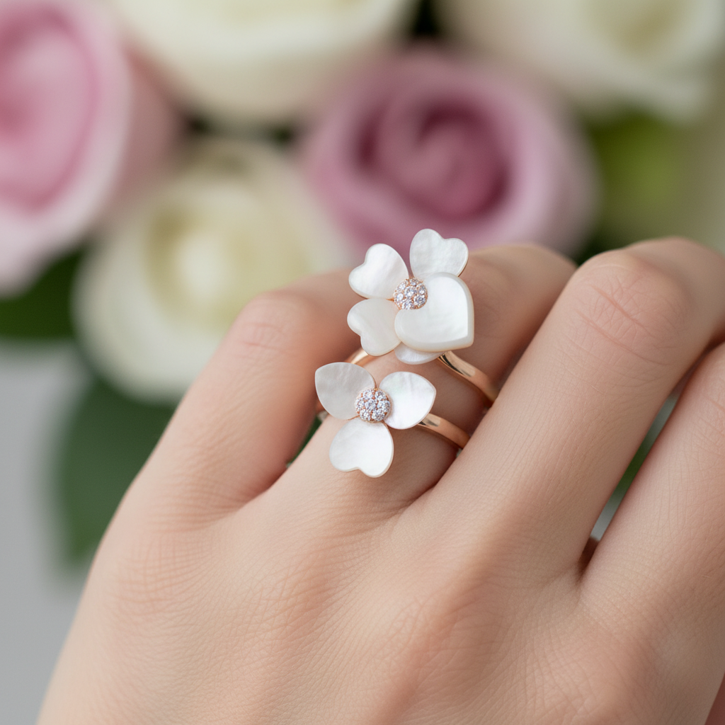 Kate Spade Precious Pansy Wrap Ring close-up on finger lifestyle shot
