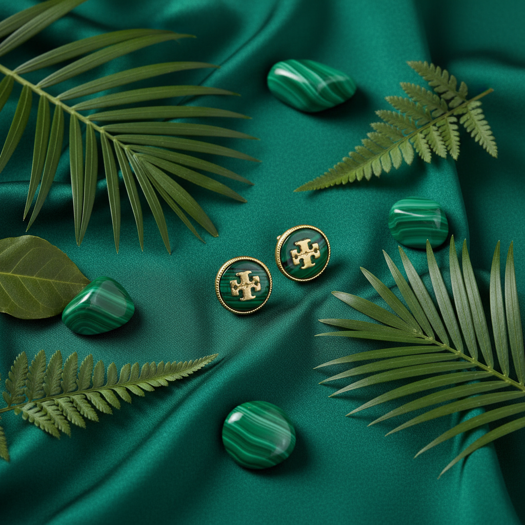 Tory Burch Malachite Stud Earrings flat lay on forest green silk with malachite stones