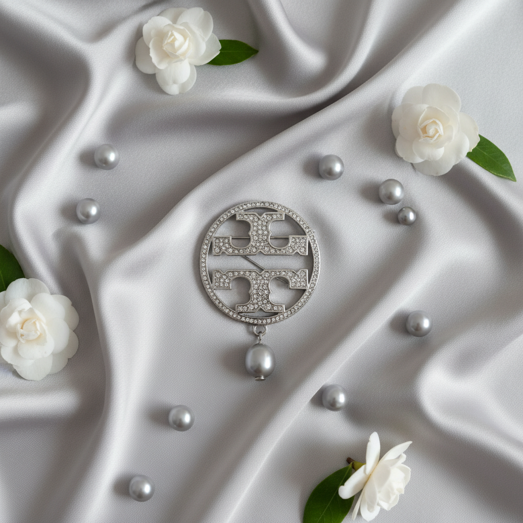 Tory Burch Miller Silver Pave Brooch flat lay with gray silk and pearls