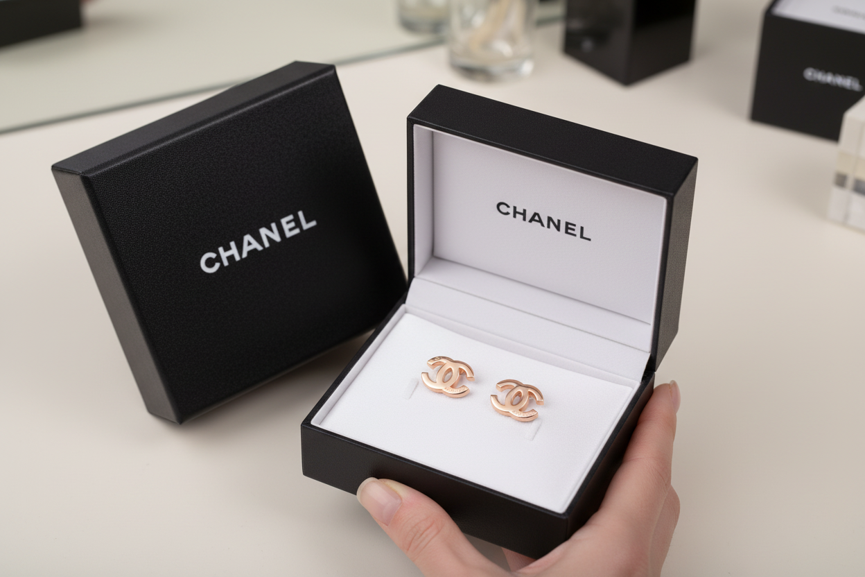 Chanel CC Rose Gold Stud Earrings in luxury Chanel gift box