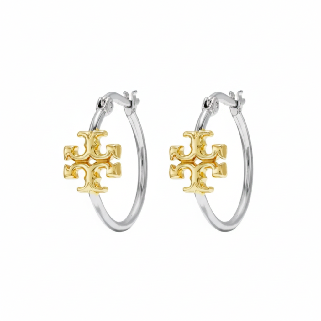 Tory Burch Eleanor Small Two-Tone Hoops - white background