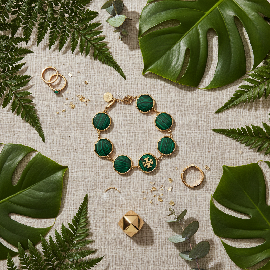 Tory Burch Malachite Link Bracelet in Gold - botanical flatlay lifestyle