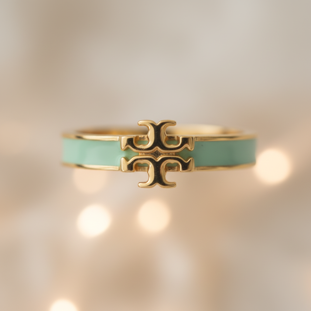 Tory Burch Kira Enamel Ring in Gold and Mint - macro detail