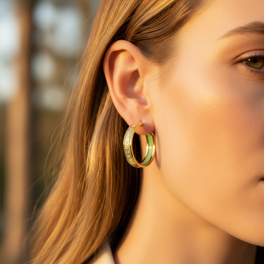 Coach Signature C Gold Logo Hoop Earrings - On-Ear Close-Up