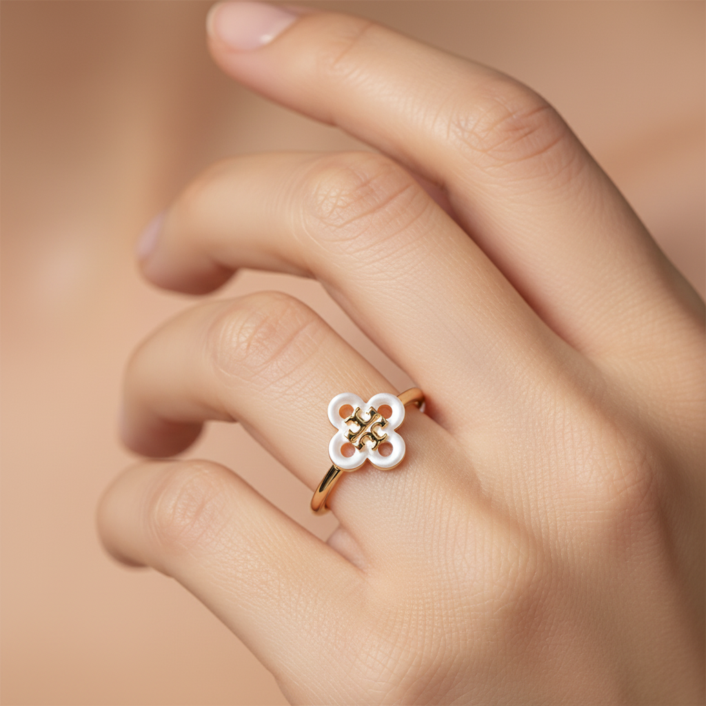 Tory Burch Kira Clover Ring finger close-up