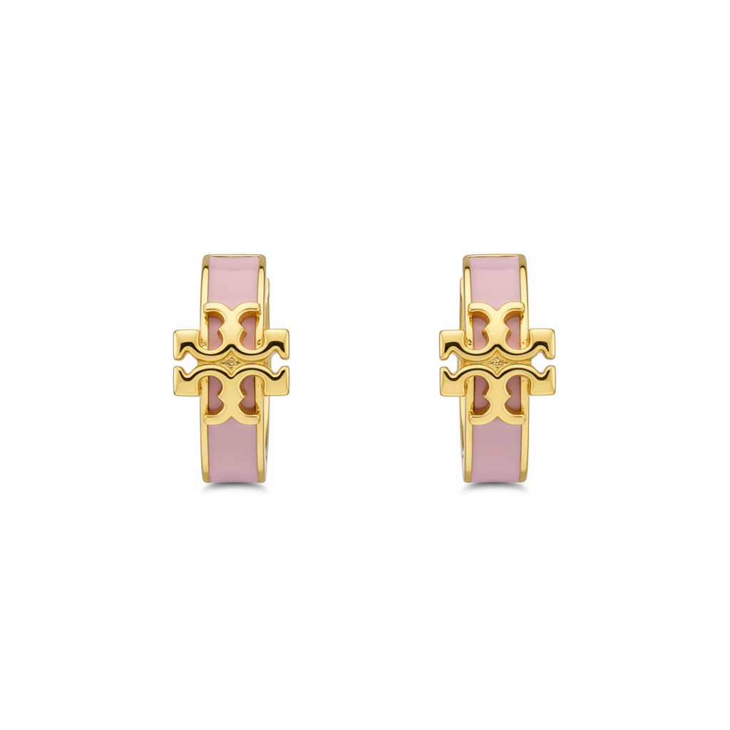 Tory Burch Kira Enamel Huggie Earrings in Gold/Mineral Pink - clean white background product shot
