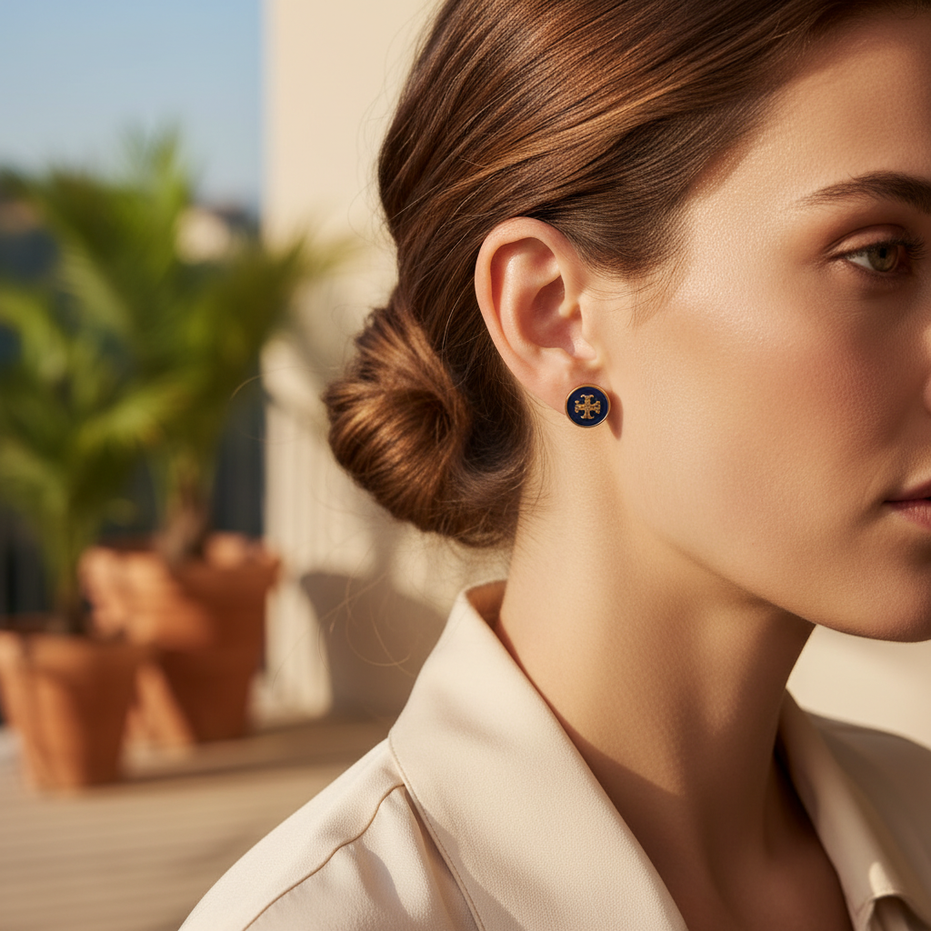 Tory Burch Kira Navy Enamel Stud Earrings worn on ear, warm elegant lighting