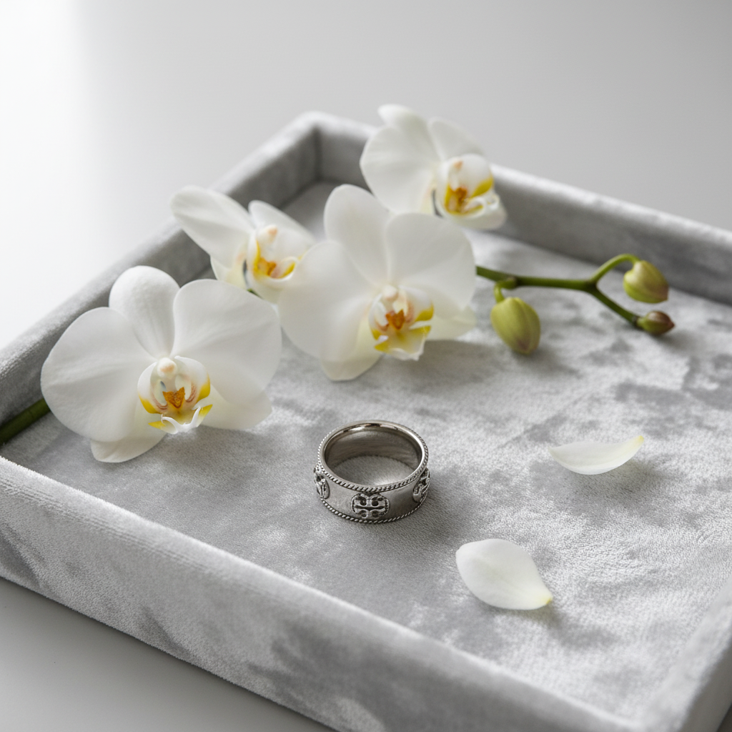 Tory Burch Milgrain Logo Ring - silver velvet tray
