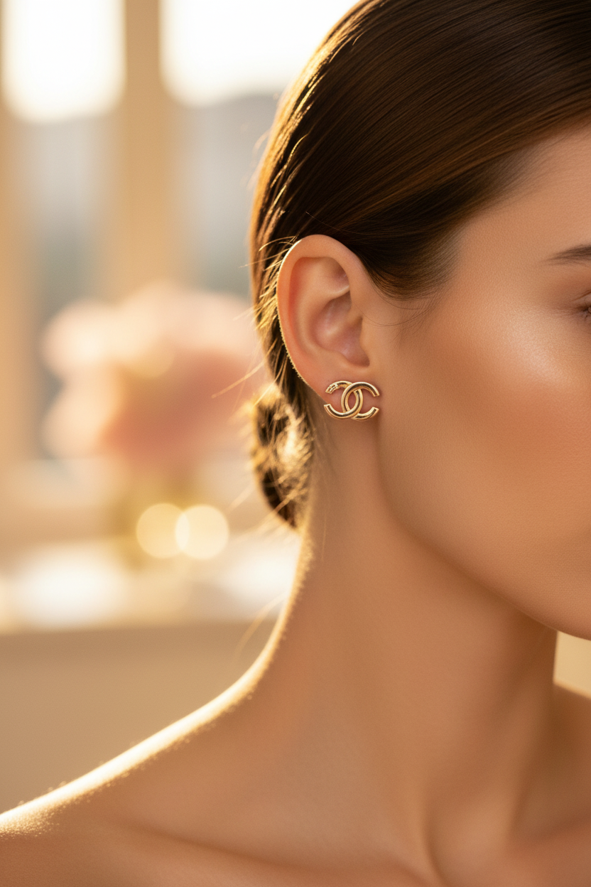 Chanel CC Rose Gold Stud Earrings close-up on ear