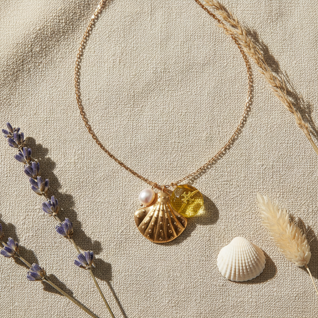 Tory Burch Sea of Dreams Shell Pendant Necklace - coastal flat lay