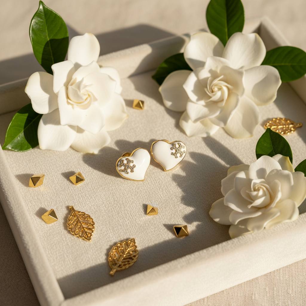 Tory Burch Kira Heart White Enamel Earrings - Cream Velvet Tray