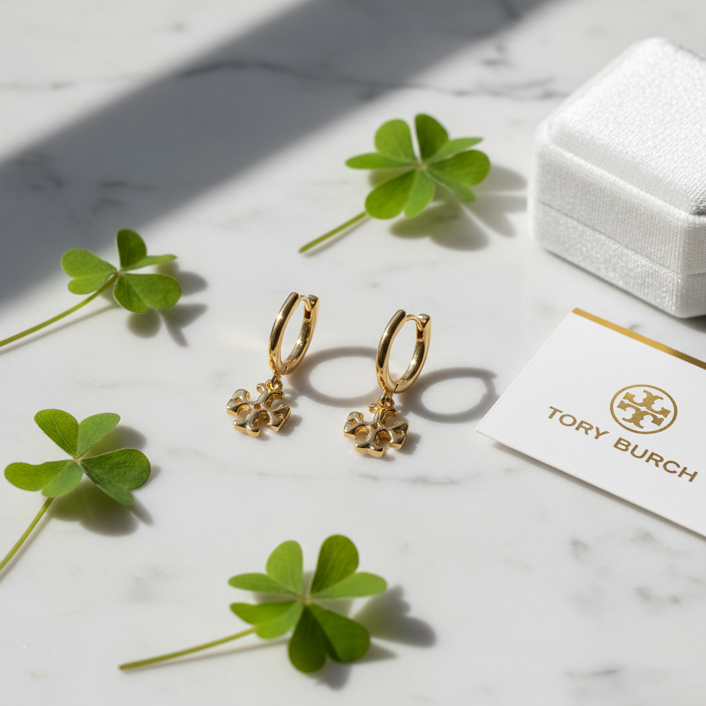 Tory Burch mini logo drop hoop earrings flat lay on white marble