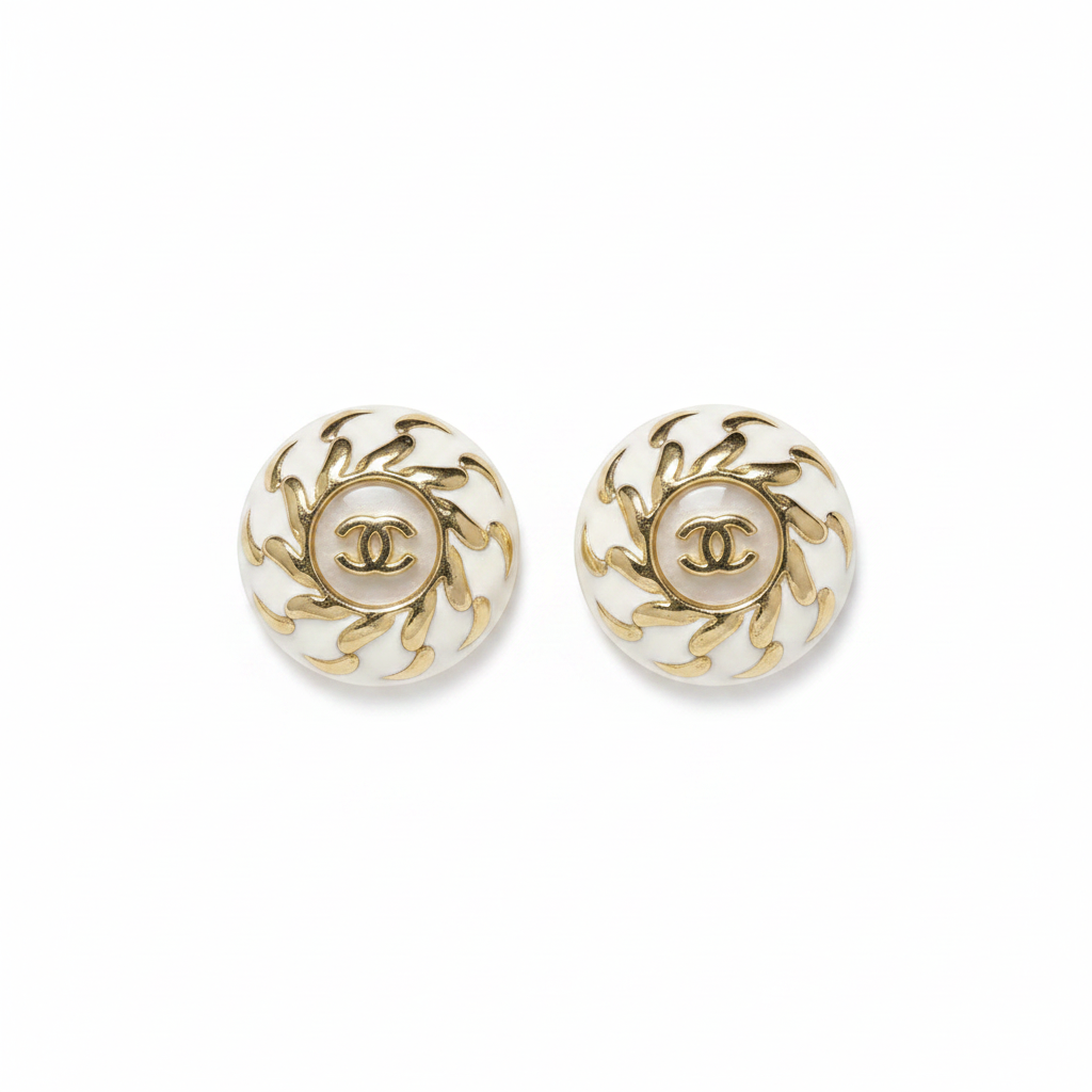 Chanel CC Logo Pearl White Resin and Gold Earrings on white background