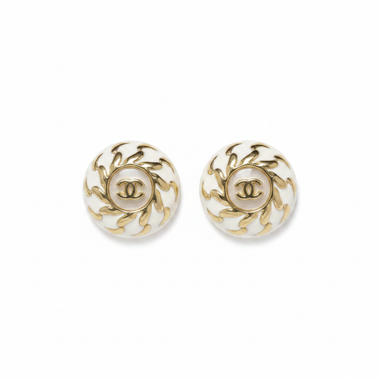 Chanel CC Logo Pearl White Resin and Gold Earrings on white background