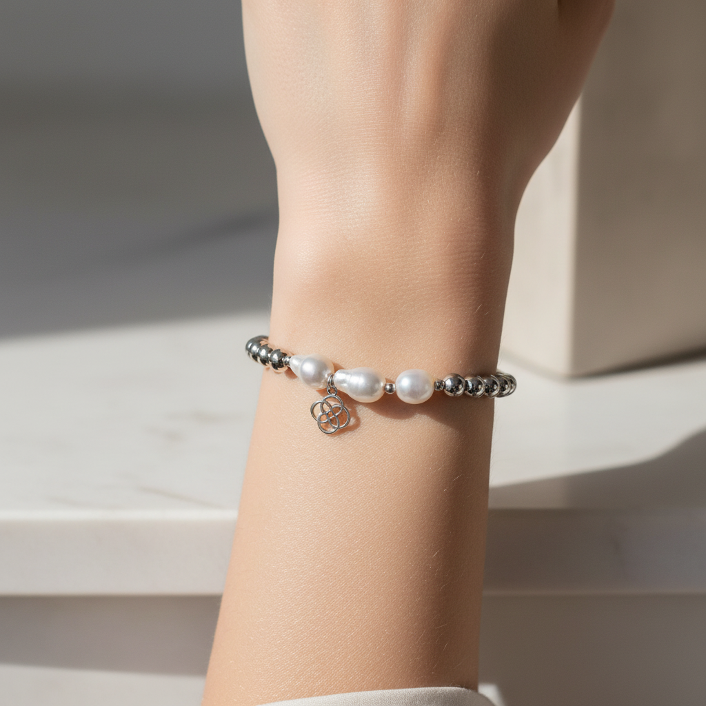 Kendra Scott Silver Stretch Metallic Bead and Baroque Pearl Bracelet - lifestyle on wrist