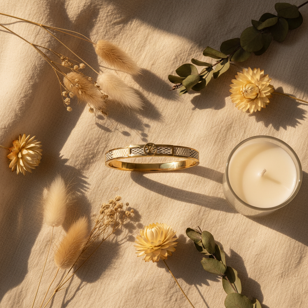 LV Damier Azur gold bangle bracelet styled with flowers and candle