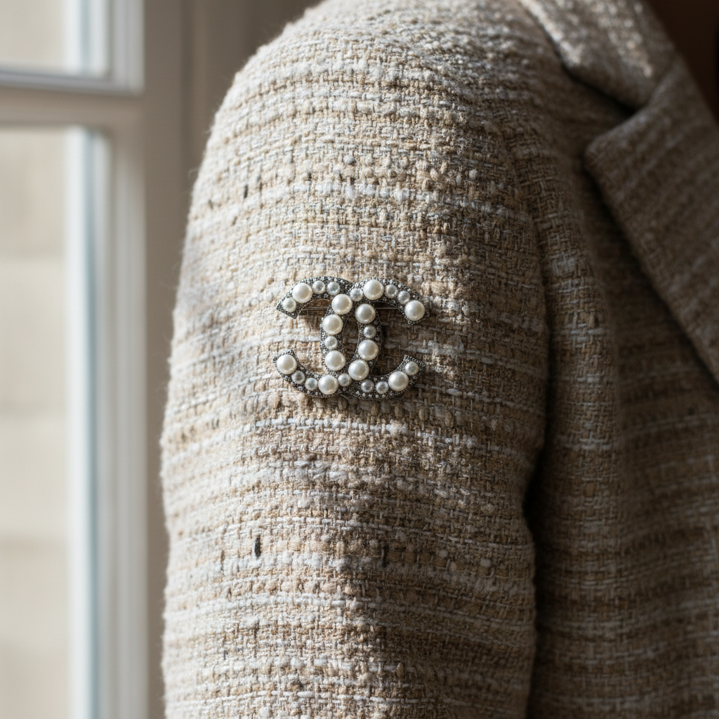 Chanel CC Logo Pearl Brooch - On Beige Tweed