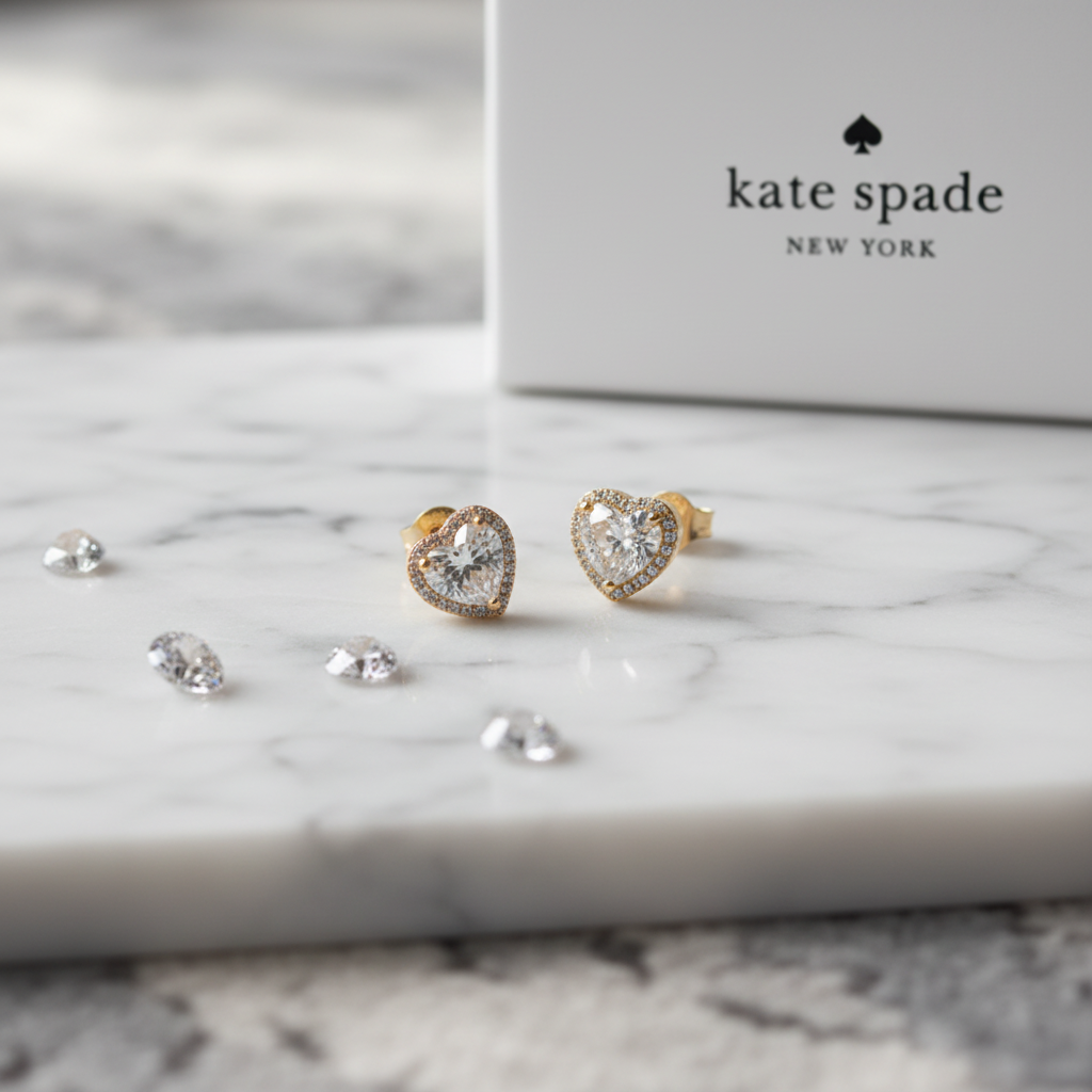 Kate Spade My Love Heart Earrings on marble surface