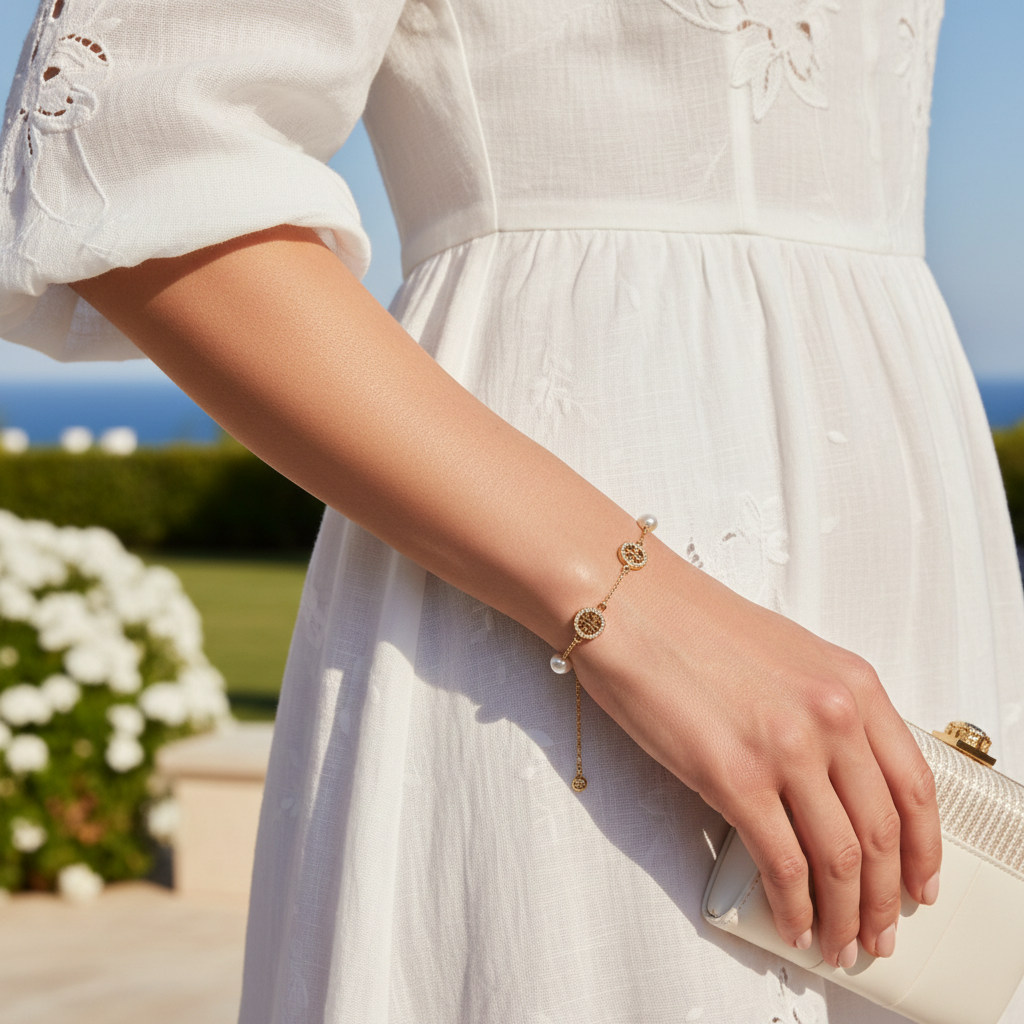 Tory Burch Miller Pavé Crystal Logo and Pearl Bracelet - outdoor lifestyle