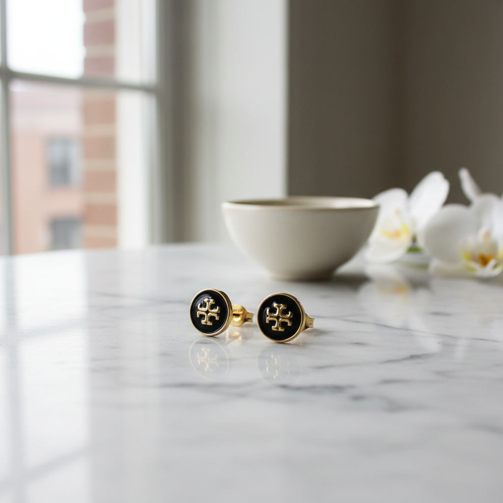 Tory Burch Kira Black Enamel Circle Stud Earrings - Lifestyle 1
