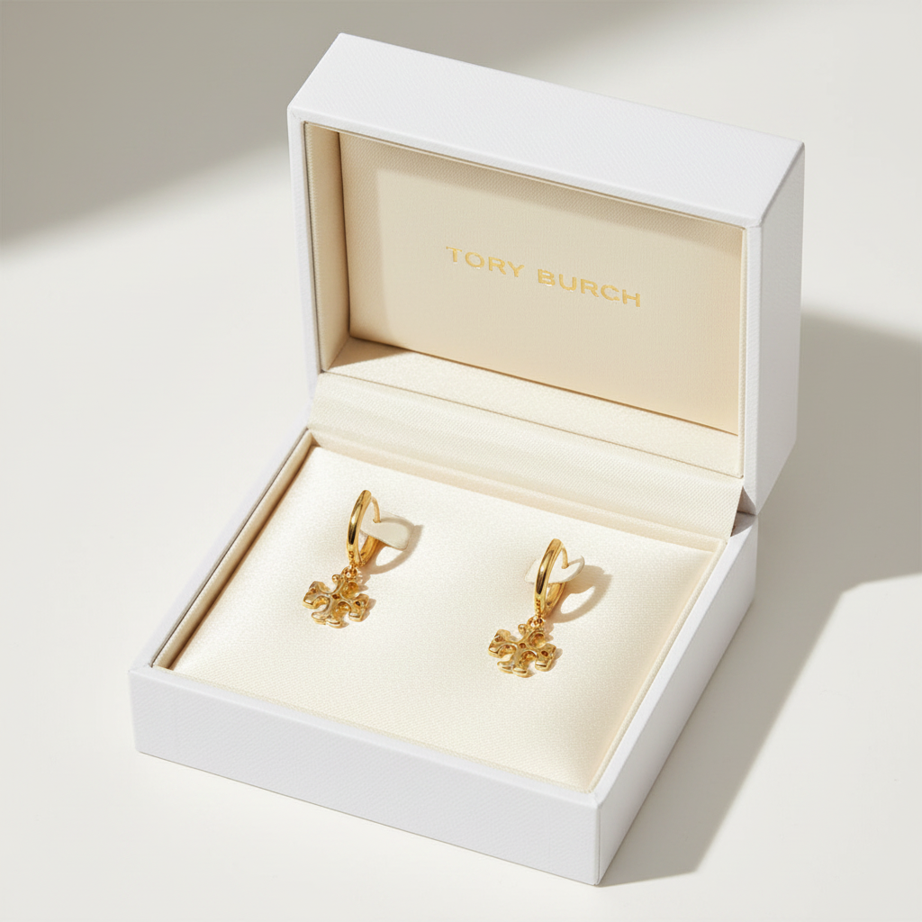 Tory Burch mini logo drop hoop earrings in luxury white gift box