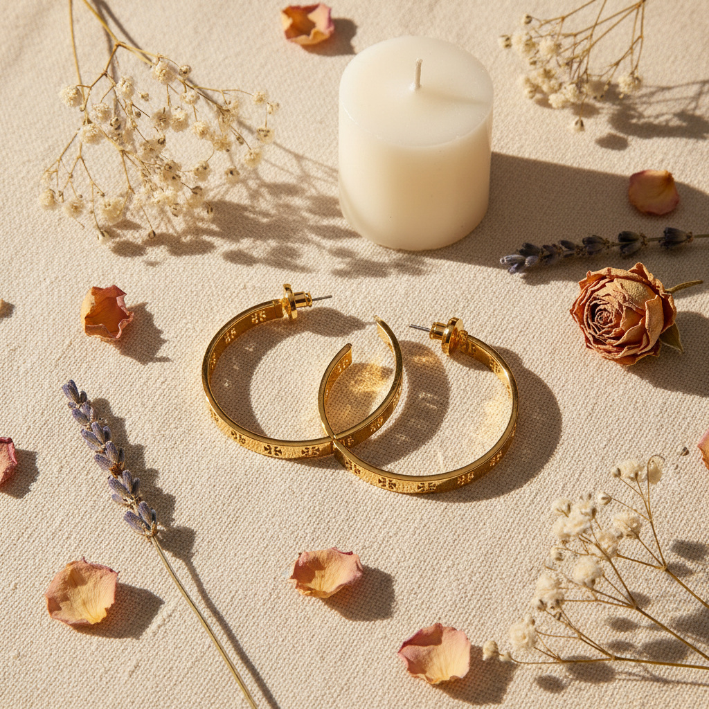 Tory Burch gold logo hoop earrings styled with flowers and candle