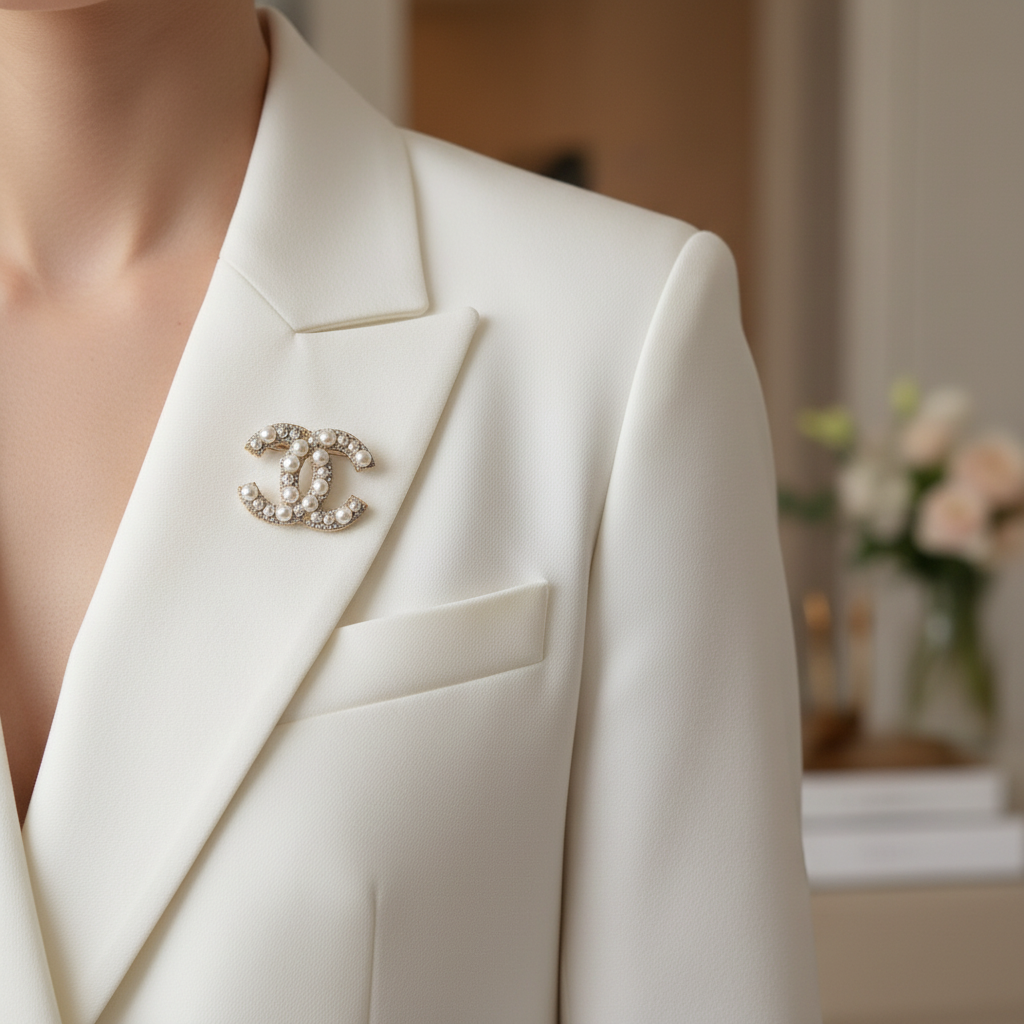 Chanel CC Logo Pearl Brooch - On White Blazer