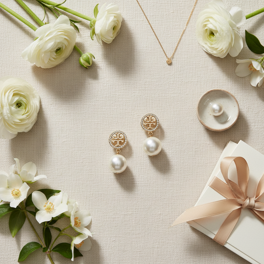 Tory Burch Miller Pavé Pearl Drop Earrings on cream linen flat lay