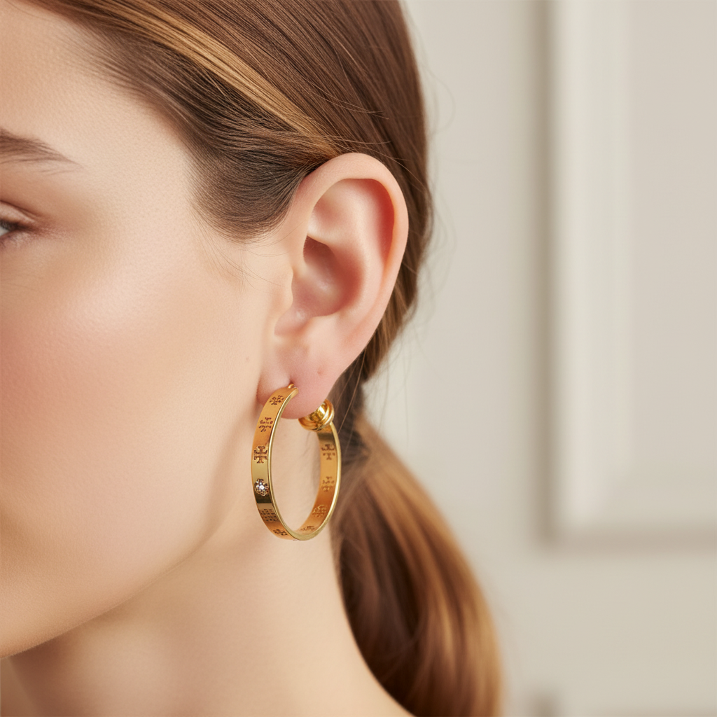 Tory Burch gold logo hoop earrings worn on ear