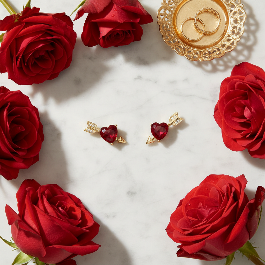 Kate Spade Lovestruck Heart and Arrow Stud Earrings - marble flatlay with roses