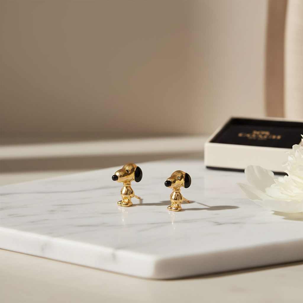 Coach x Peanuts Snoopy Gold Stud Earrings on marble surface, editorial lifestyle shot