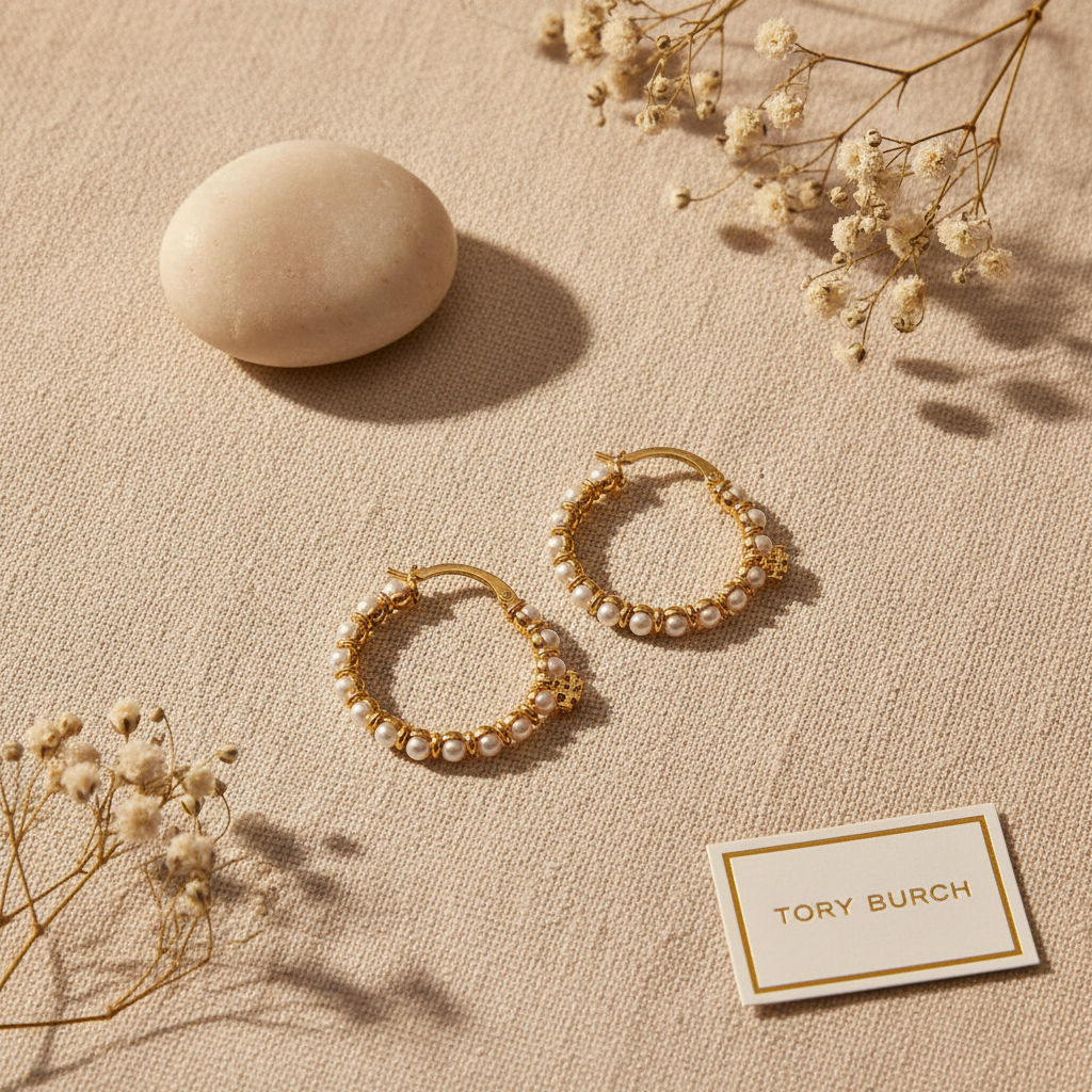 Tory Burch Kira Imitation Pearl Hoop Earrings - Cream Linen Flat Lay