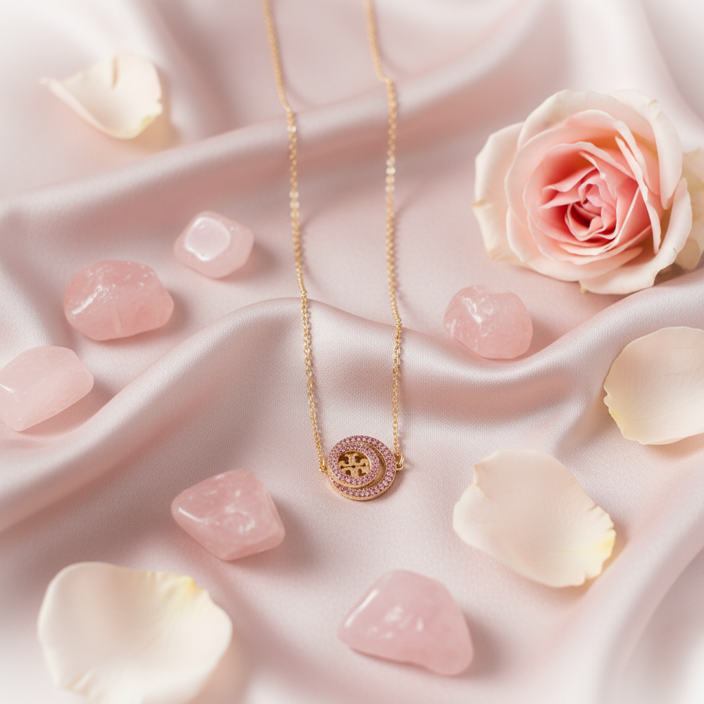 Tory Burch Miller Pink Pave Pendant Necklace flat lay on blush silk with rose quartz