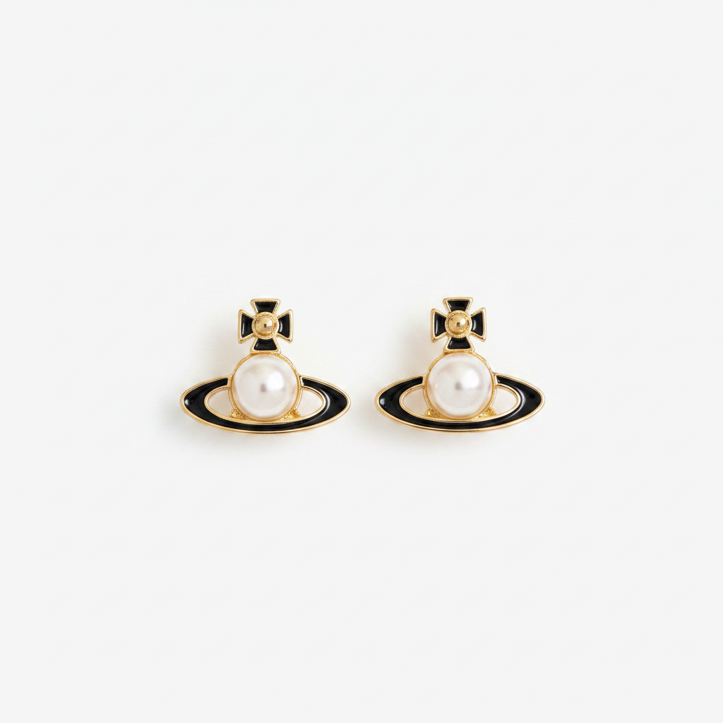 Vivienne Westwood Simonetta Pearl & Black Enamel Orb Stud Earrings in Gold-Tone