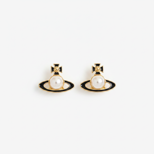Vivienne Westwood Simonetta Pearl & Black Enamel Orb Stud Earrings in Gold-Tone