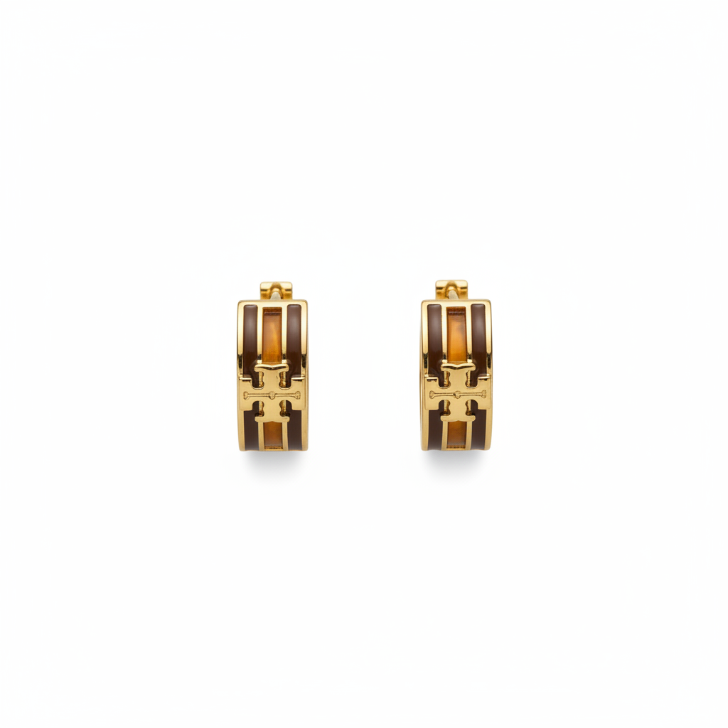 Tory Burch Icon Dark Brown Bronze Gold Huggie Earrings - Clean Product Shot