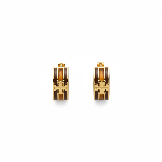 Tory Burch Icon Dark Brown Bronze Gold Huggie Earrings - Clean Product Shot