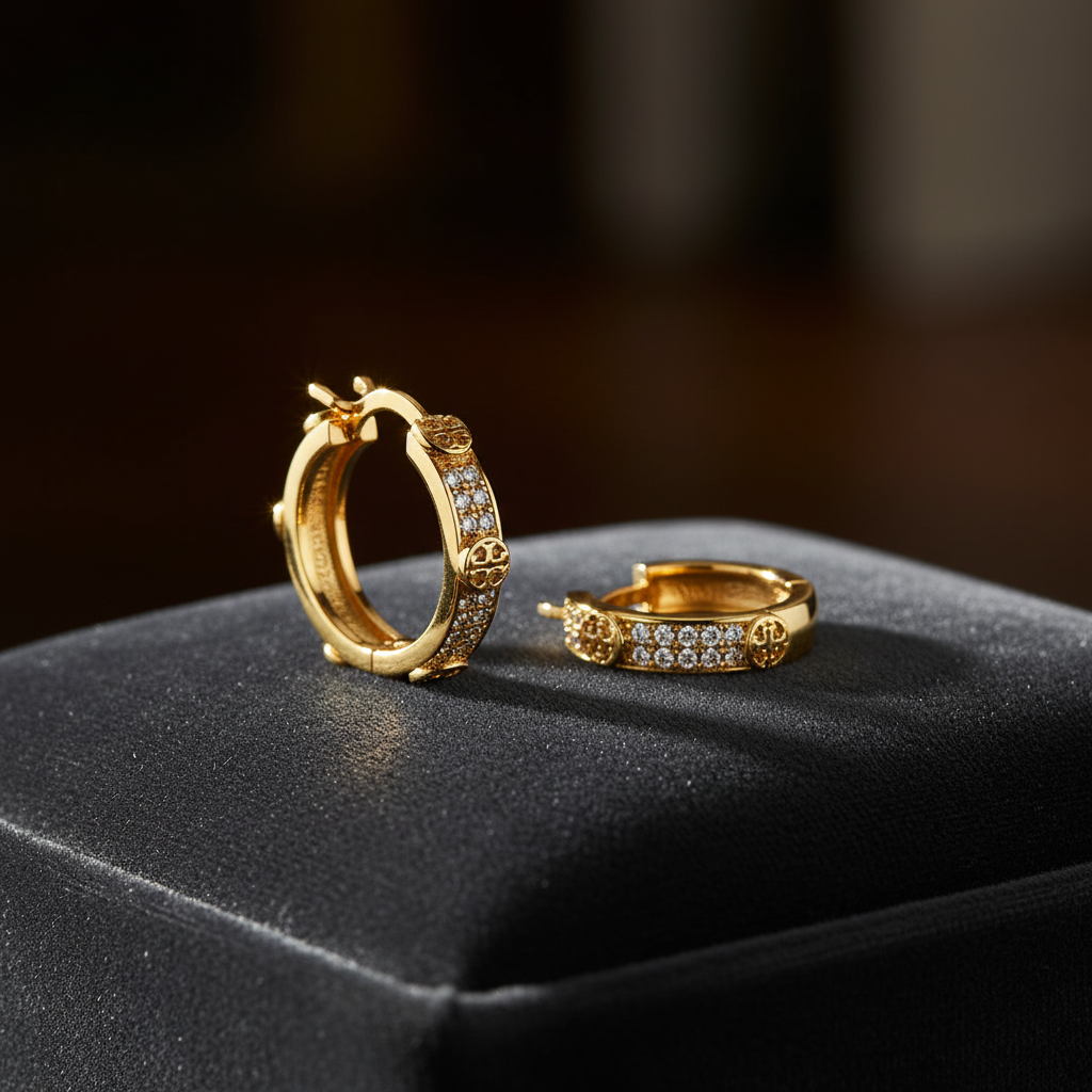 Tory Burch Double Pavé & Gold Hoop Earrings with Logo