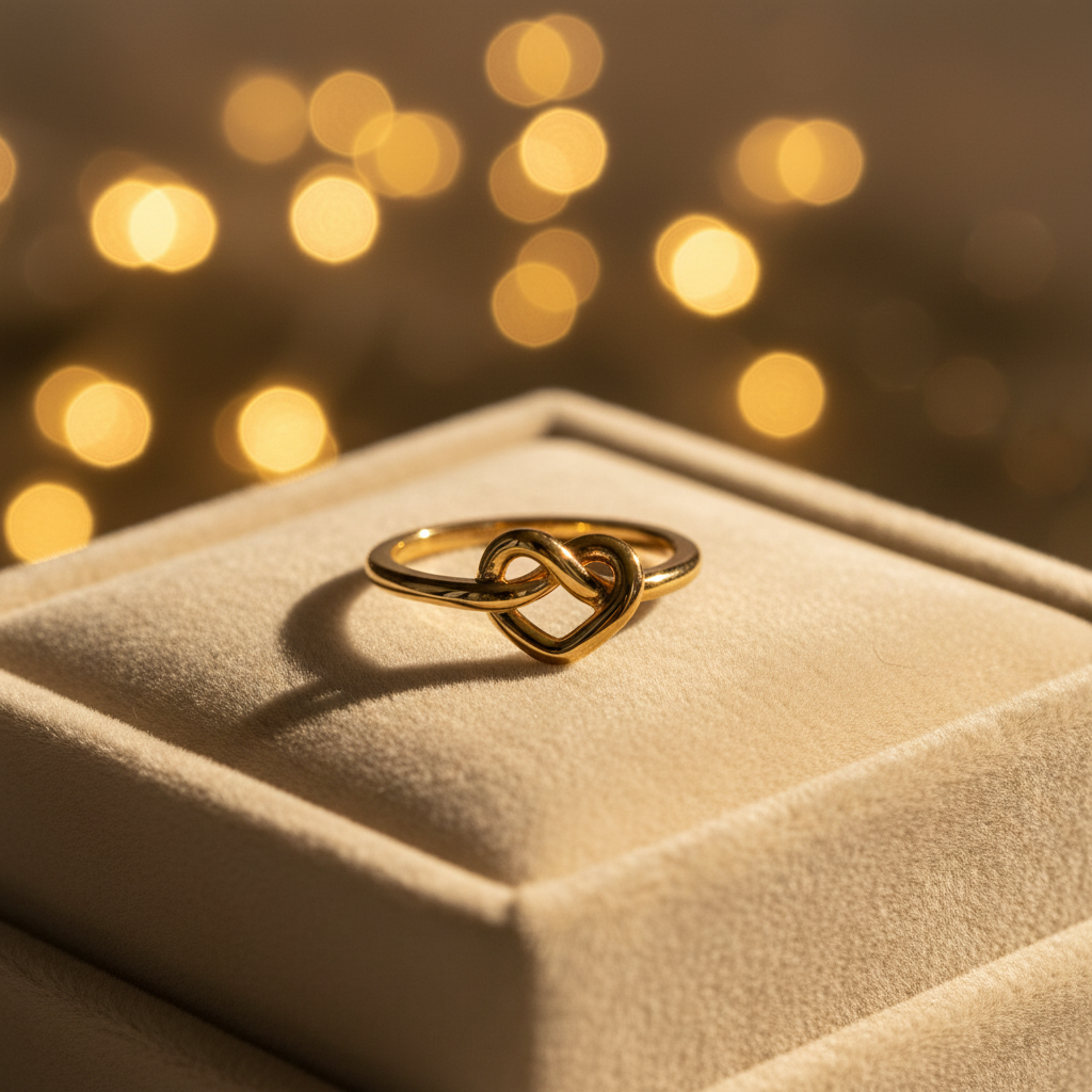 Kate Spade Loves Me Knot Heart Ring on cream velvet jewelry tray