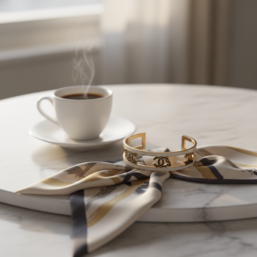 Chanel CC Logo Cuff Bracelet styled on marble surface – lifestyle editorial