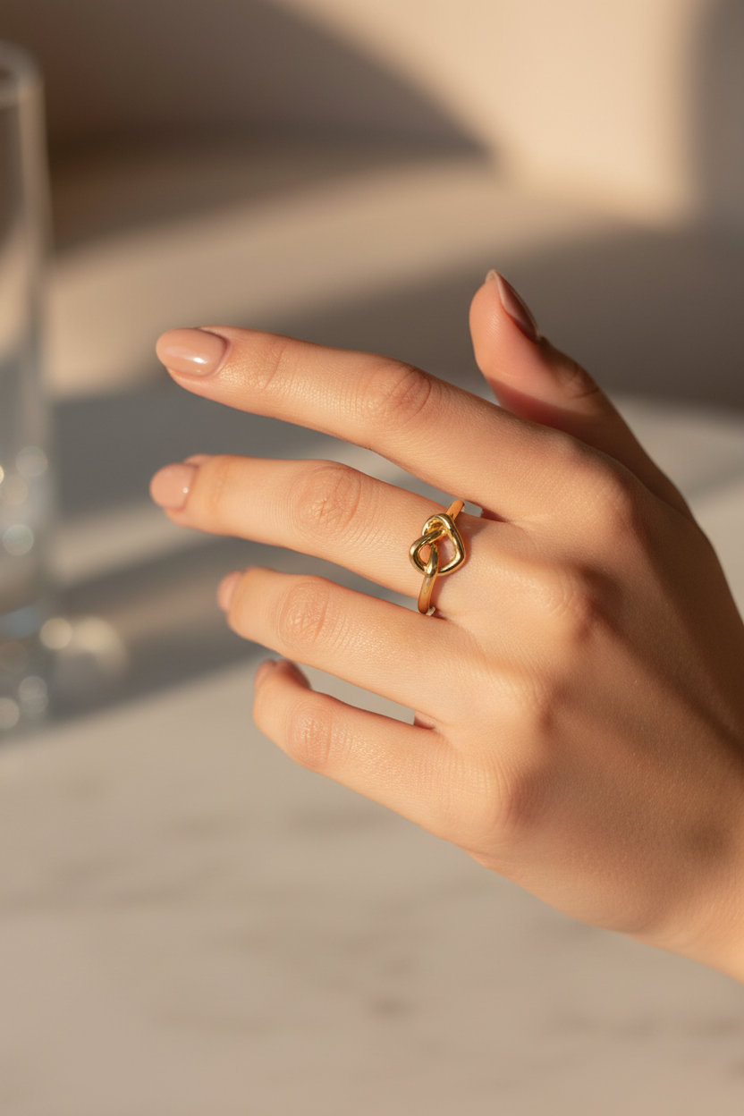 Kate Spade Loves Me Knot Heart Ring lifestyle hand editorial shot