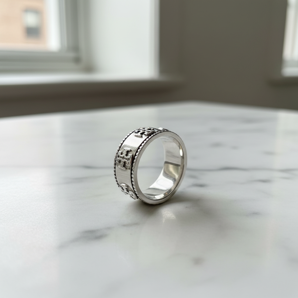 Tory Burch Milgrain Logo Ring - marble surface