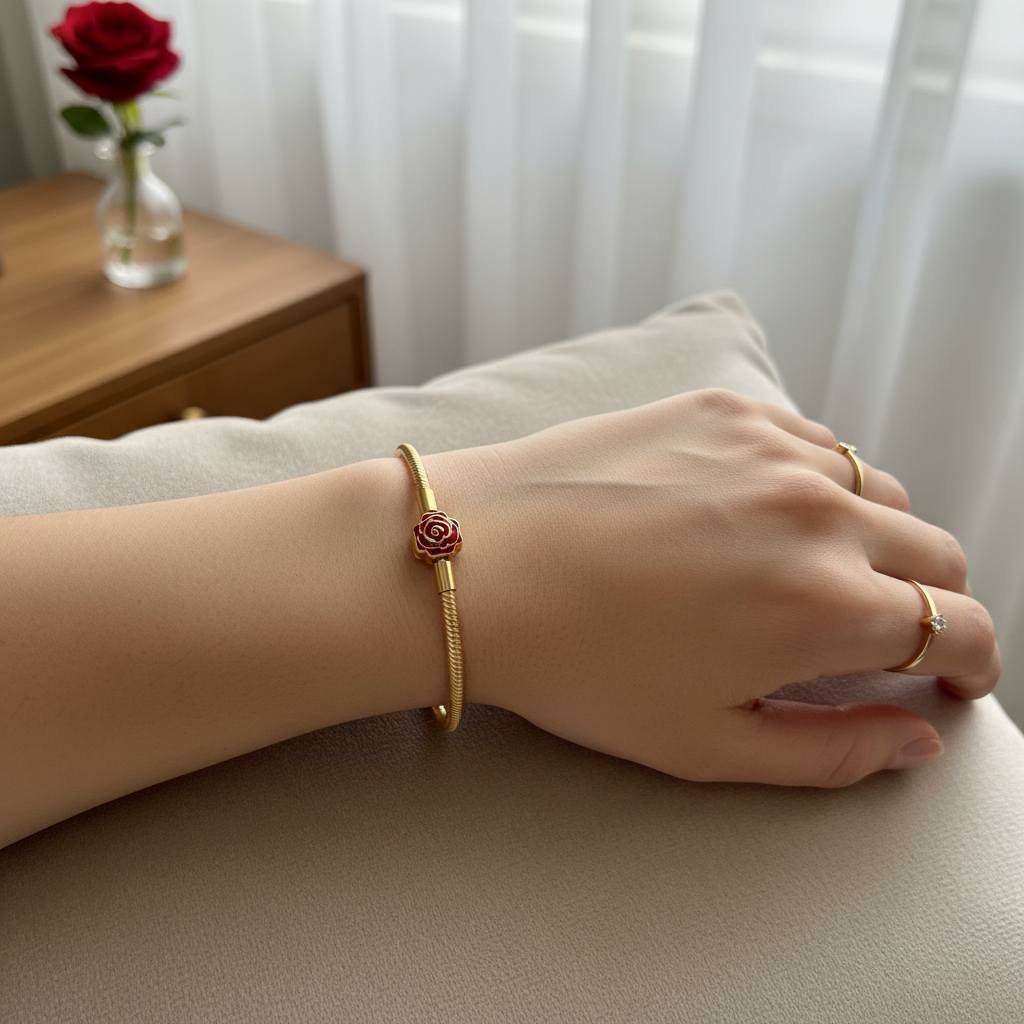 Disney x Pandora Enchanted Rose Bracelet wrist stack with gold ring – lifestyle editorial
