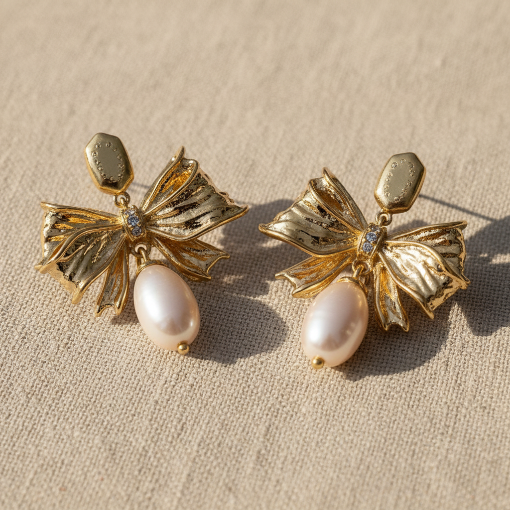 Kendra Scott x LoveShackFancy Pearl Bow Earrings linen close-up