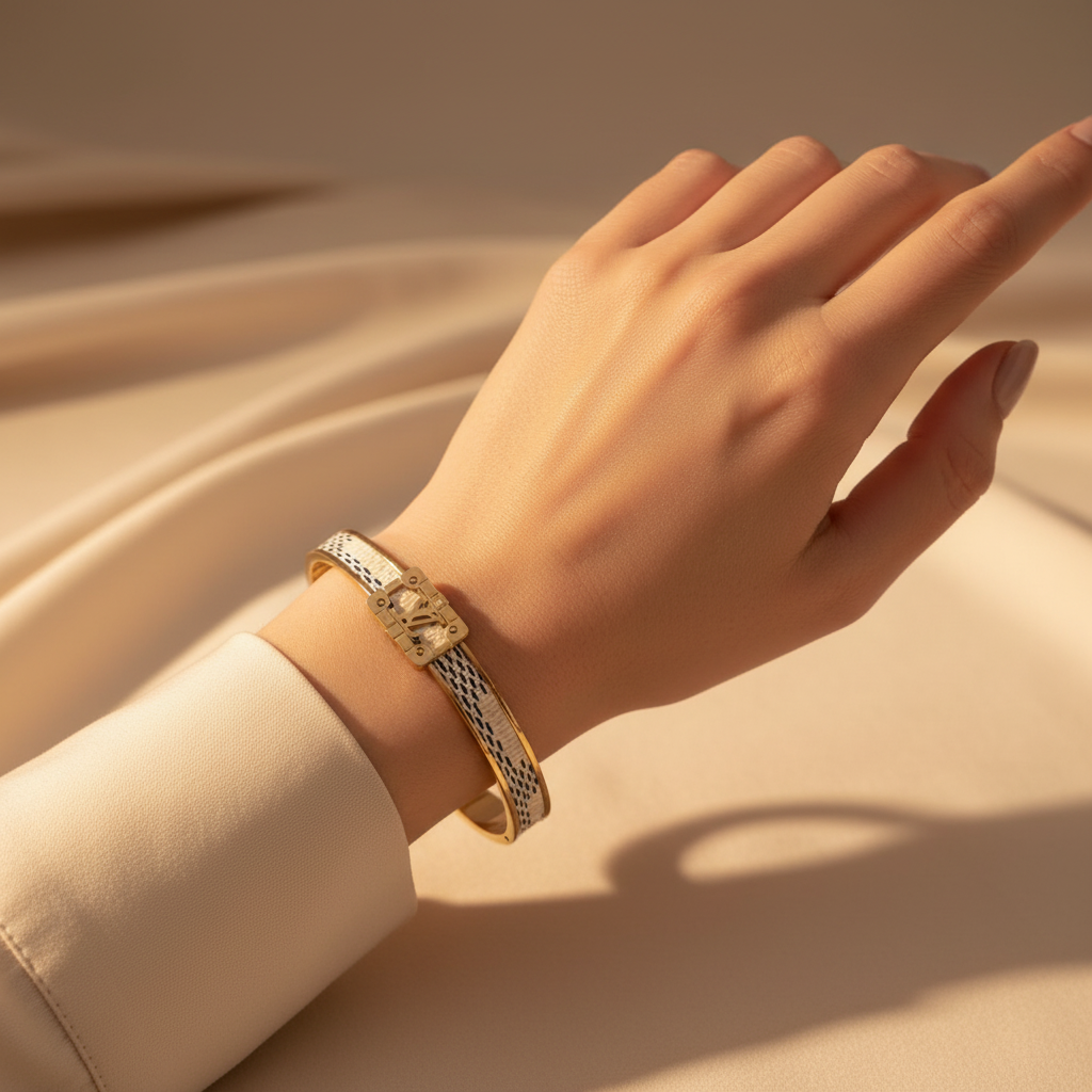 LV Damier Azur Bangle worn on wrist, warm golden light