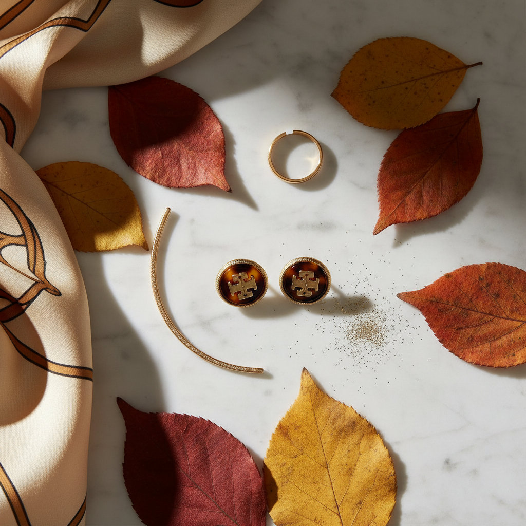 Tory Burch Kira Enamel Stud Earrings Tortoiseshell Gold on white marble flat lay