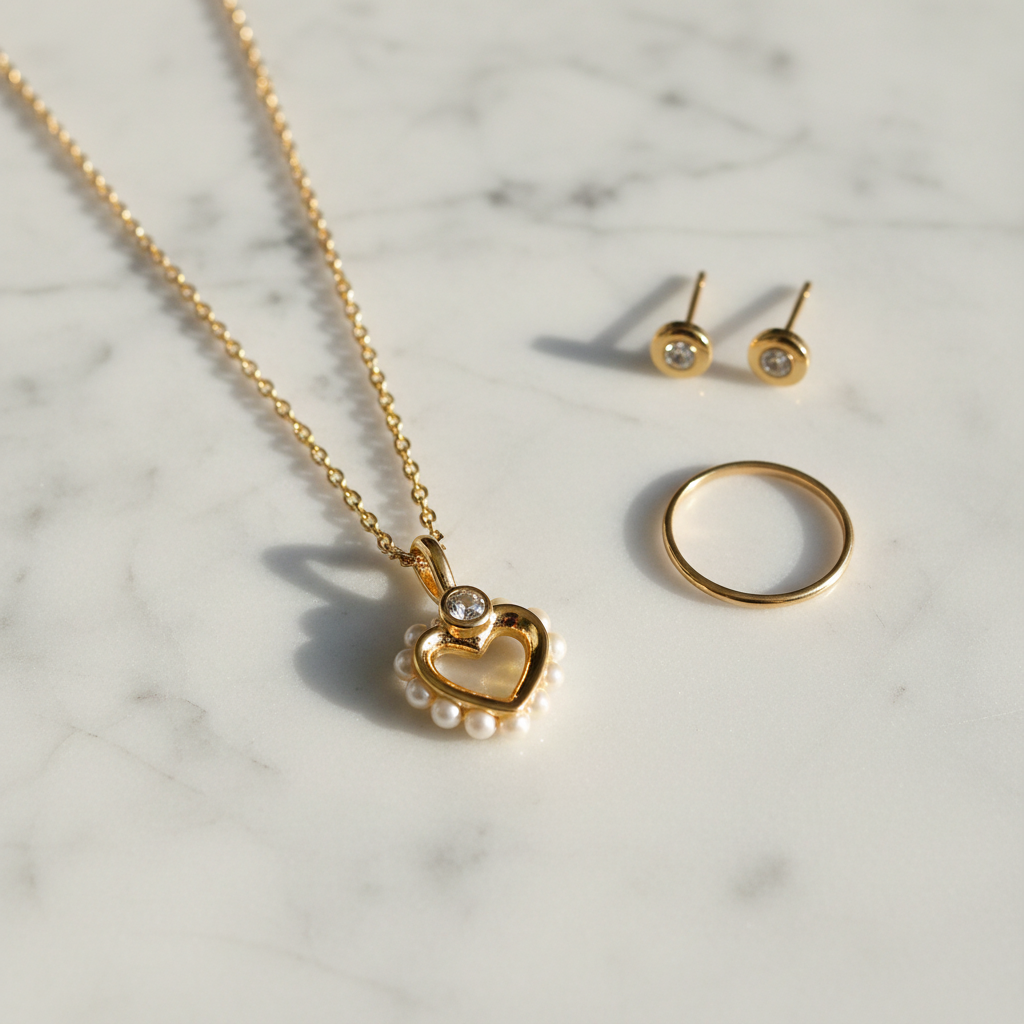 Kate Spade Pearl Open Heart Necklace styled flat lay