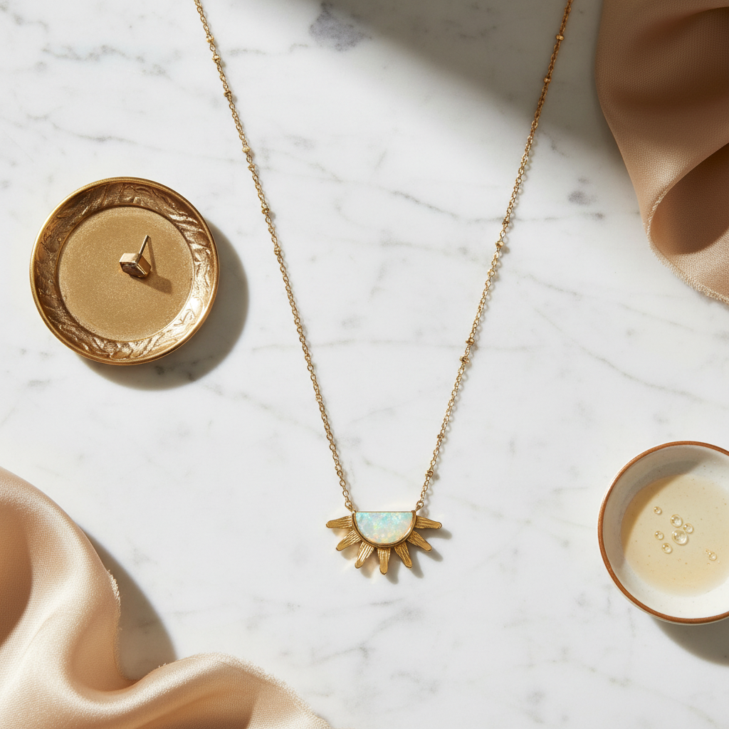 Kendra Scott Samantha Sun Gold Short Pendant Necklace - marble flat lay