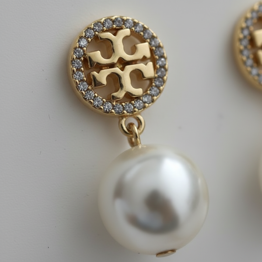 Tory Burch Miller Pavé Pearl Drop Earrings macro pavé and pearl detail