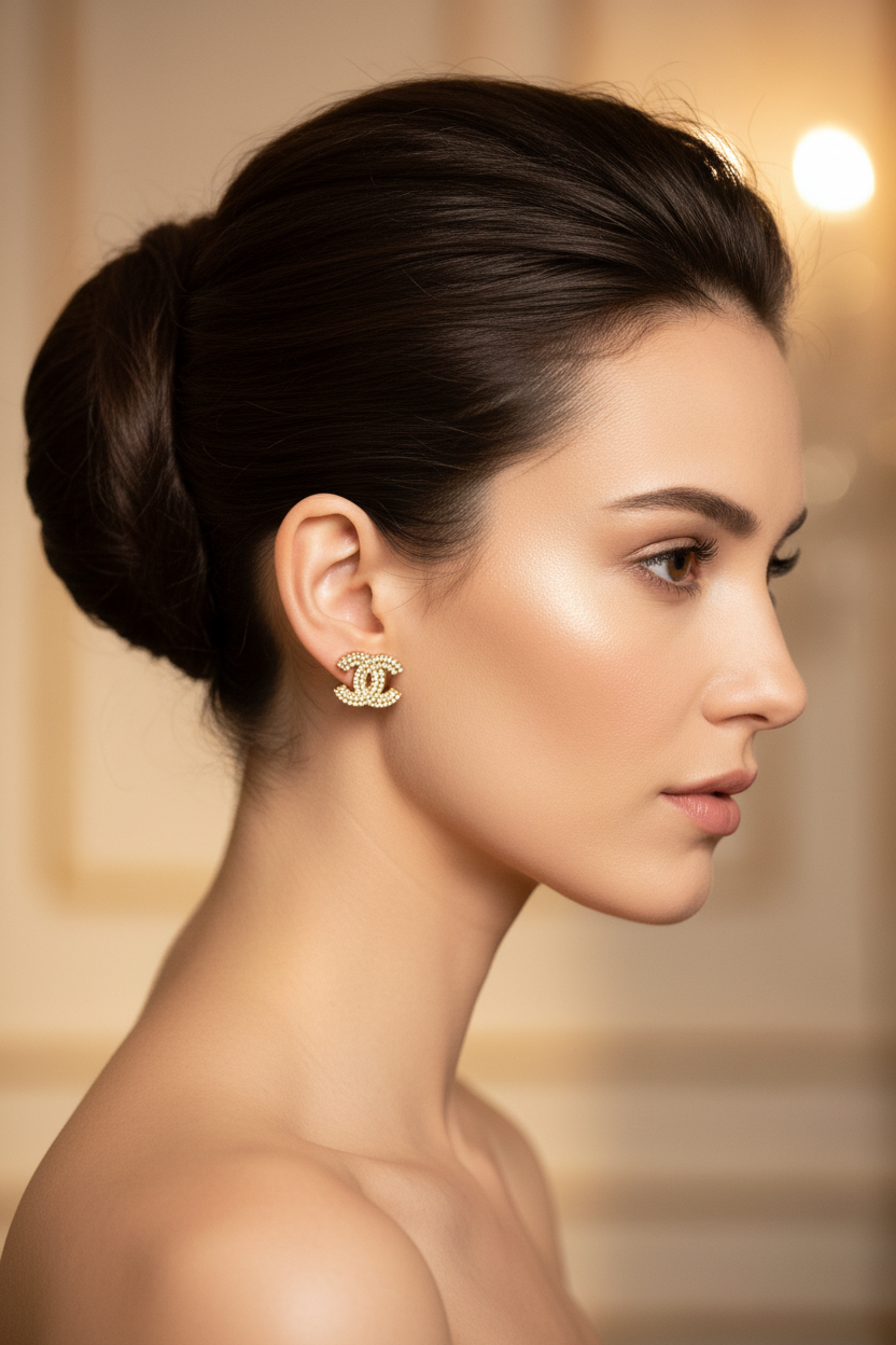 Chanel CC Logo Gold Crystal Stud Earrings worn with elegant updo